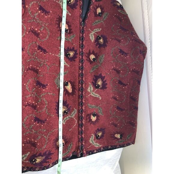 Icelandic Design Wool Size Medium Deep Red Floral Zip Up Jacket Lined Cardigan - Picture 6 of 7